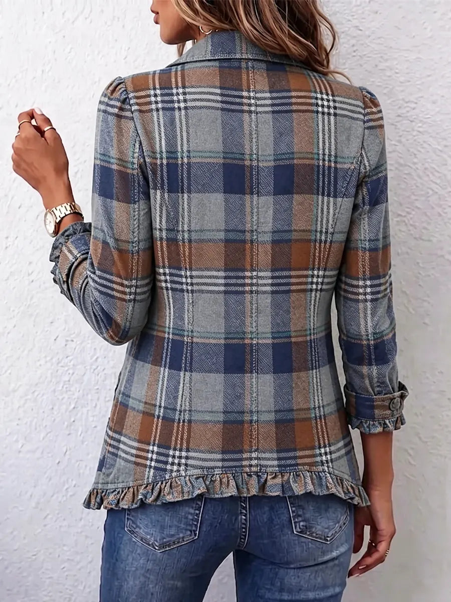 Retro Plaid Pattern Art Print Ruffle Casual Stylish Cotton Lapel Coat