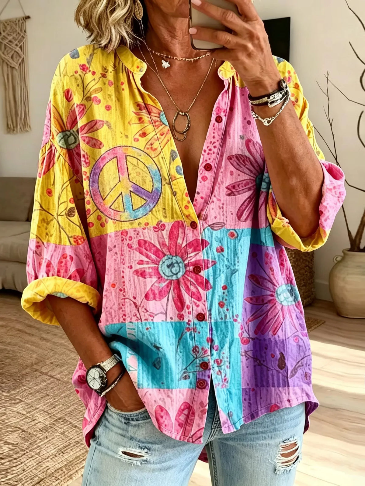 Women's Color Block Square Daisy Peace Sign Print Bubble 3/4 Sleeve Collared Shirt
