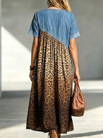 Women's Short Sleeve Denim Spliced Gradient Leopard Print Midi Dress