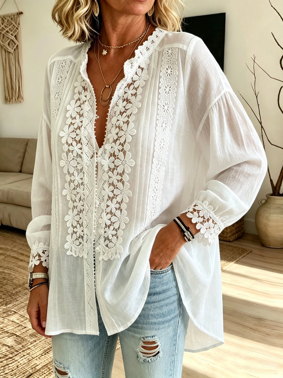 Women's Lace Inset Pintuck Blouse