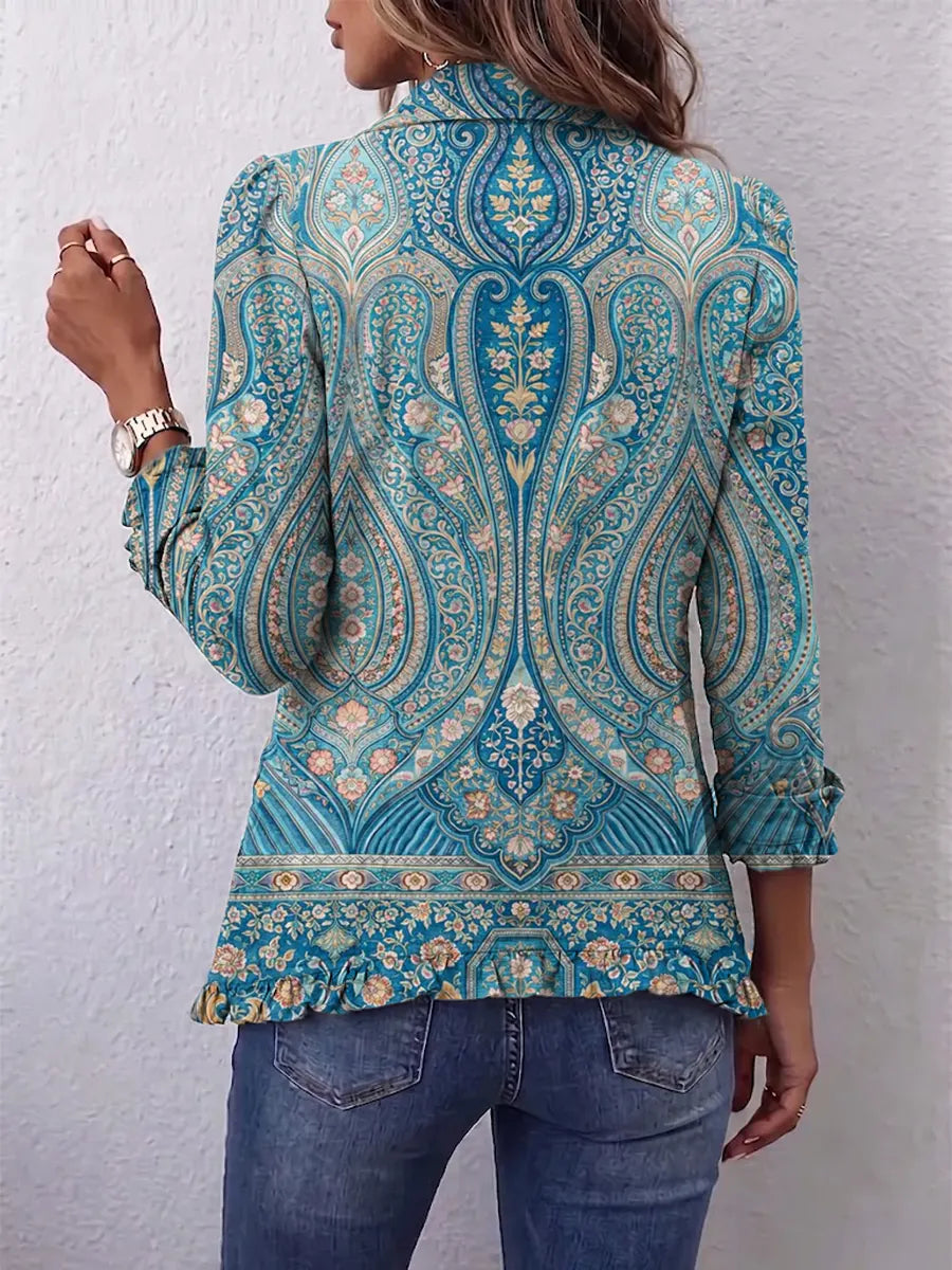 Retro Floral Pattern Art Print Ruffle Casual Stylish Cotton Lapel Coat