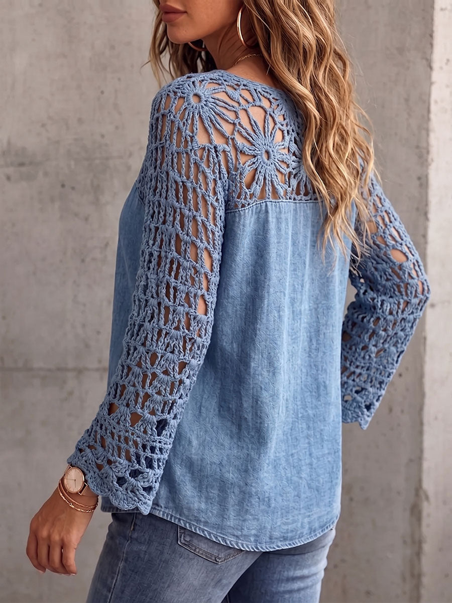 Vintage Elegant Openwork Crochet Patchwork Denim Shirt