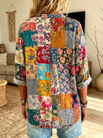 Women’s Colorful Floral Patchwork Ruffle Collar Loose Button Down Blouse