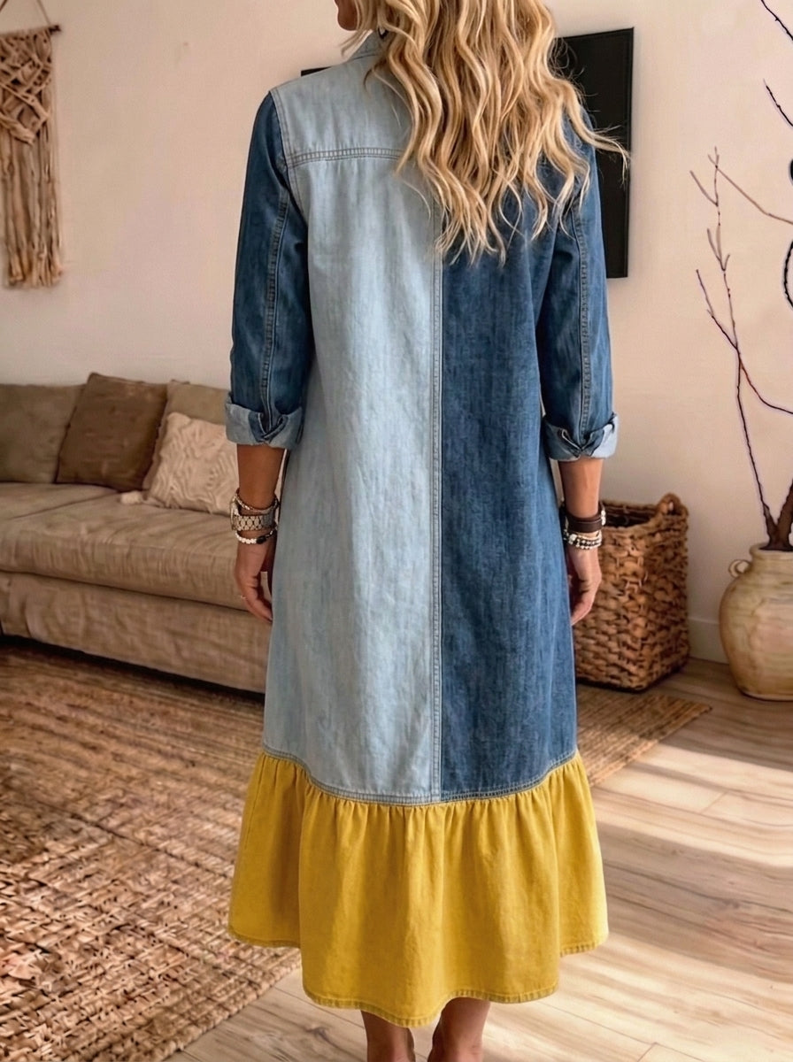 Women Color Block Patchwork Denim Shirt Dress Collar Button‑Front Ruffle Hem Midi Dress With Pockets