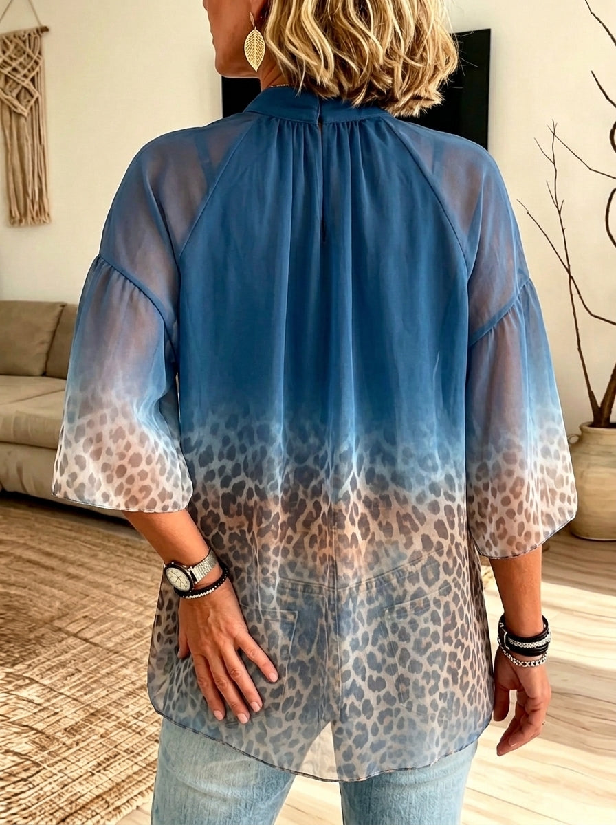 Women‘s Ombre Blue Leopard Print High Neck Flare Sleeve Chiffon Blouse