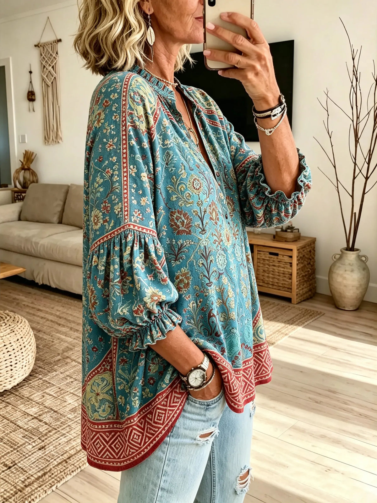 Women's Teal Vintage Ethnic Botanical Border Print Stand Collar Bubble Sleeve Blouse