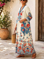 Retro Floral Pattern Art Print Casual V-neck Cotton Linen Maxi Dress