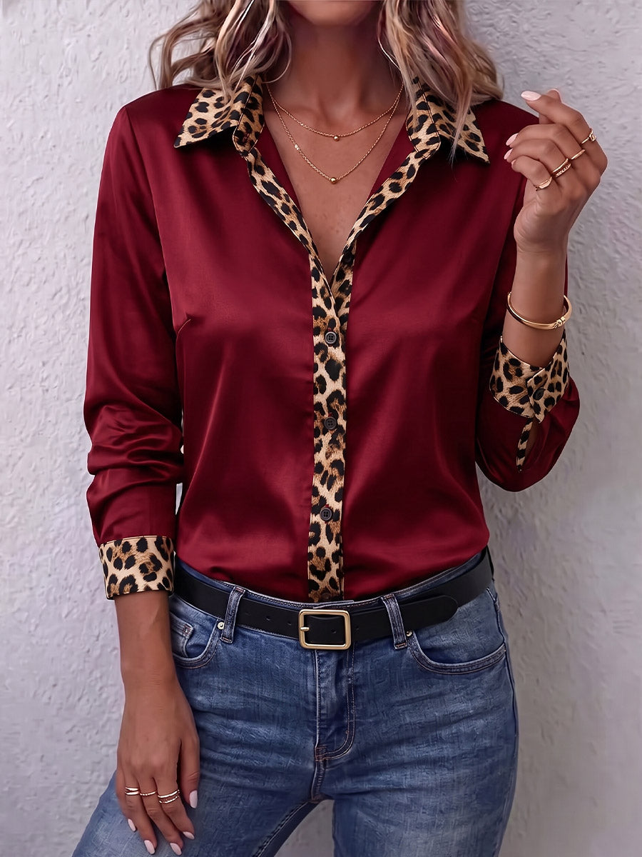 Vintage Elegant Satin Patchwork Leopard Print Shirt