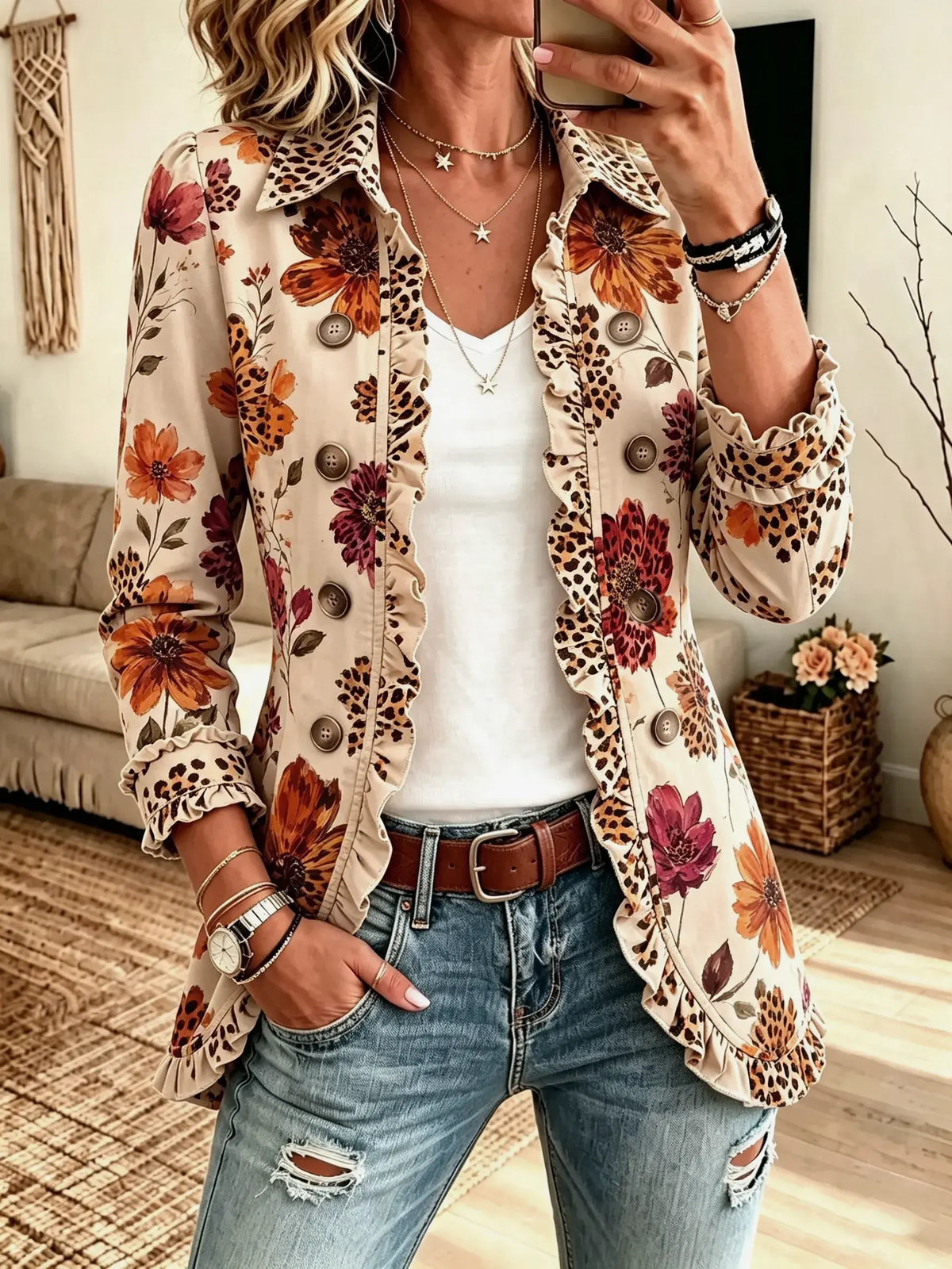 Women's Sunflower Print Ruffle Blazer Jacket