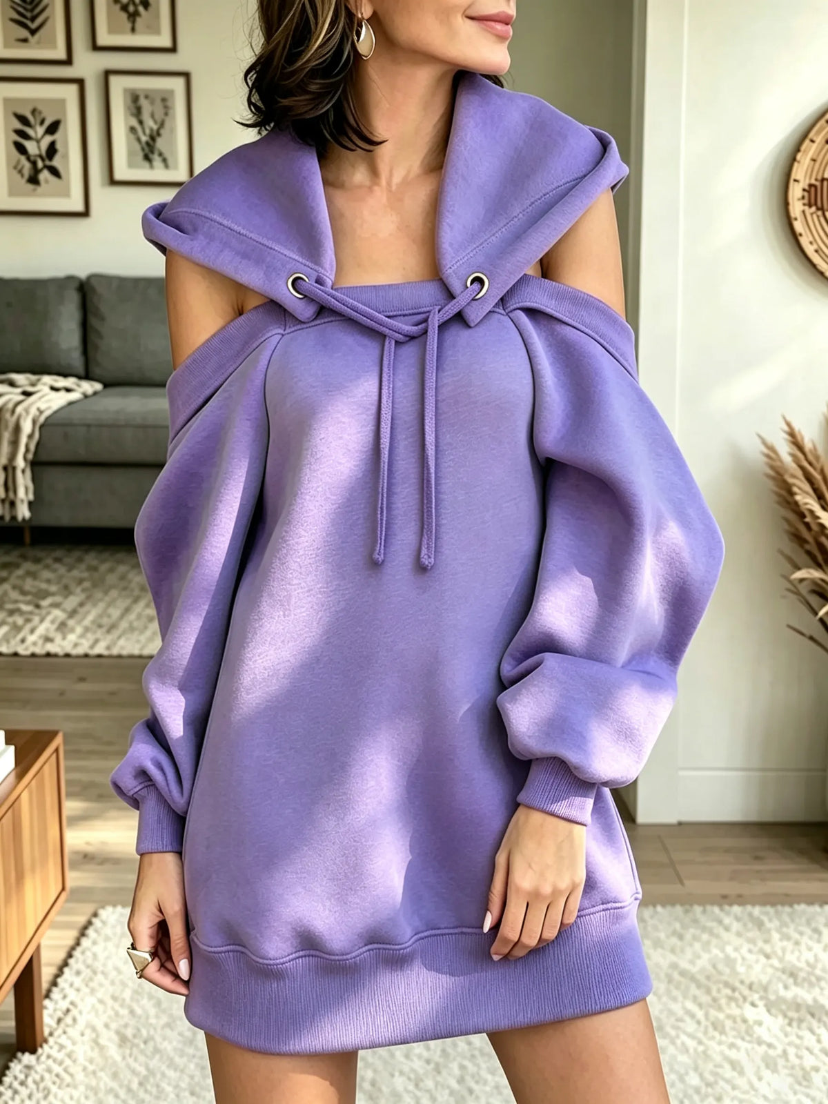 Women's Cold-Shoulder Hooded Sweatshirt Mini Dress