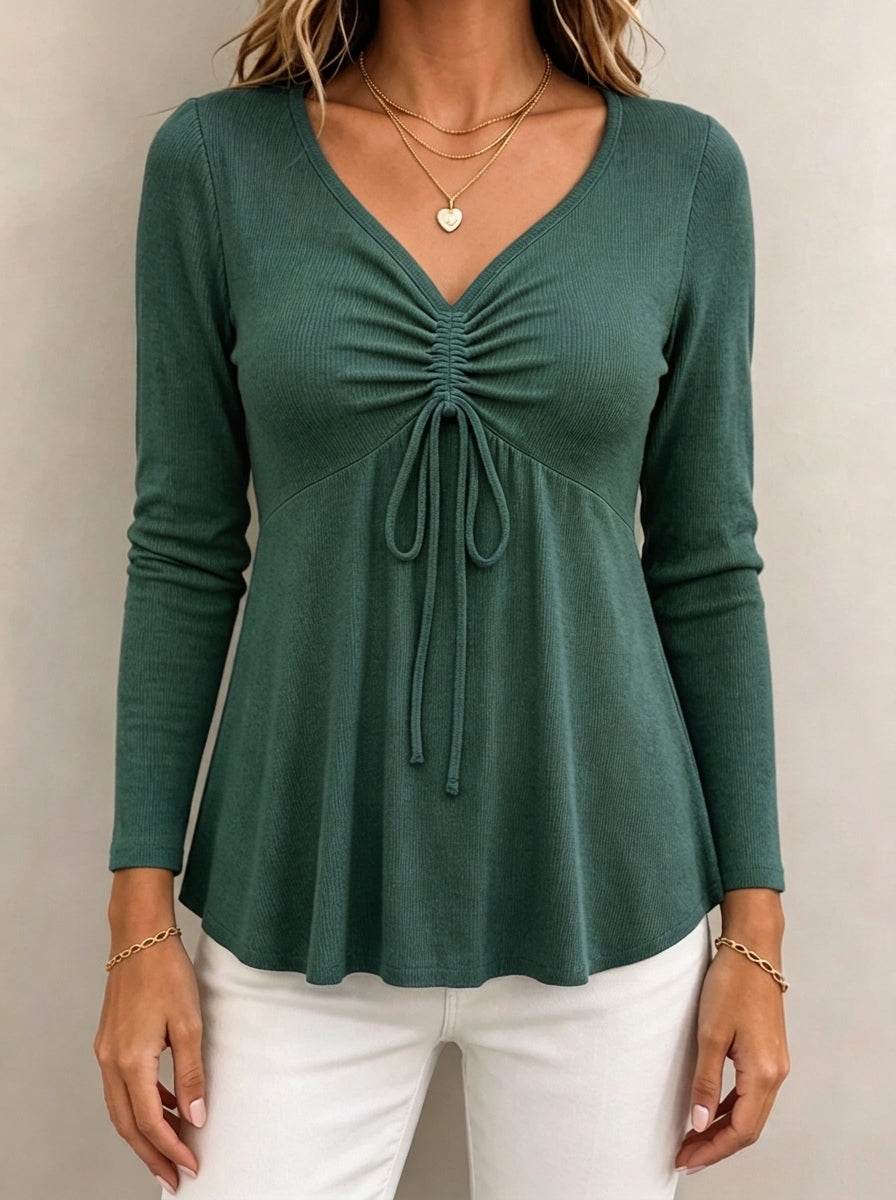 Women V‑Neck Drawstring Ruched Long Sleeve Ribbed Knit Peplum Top