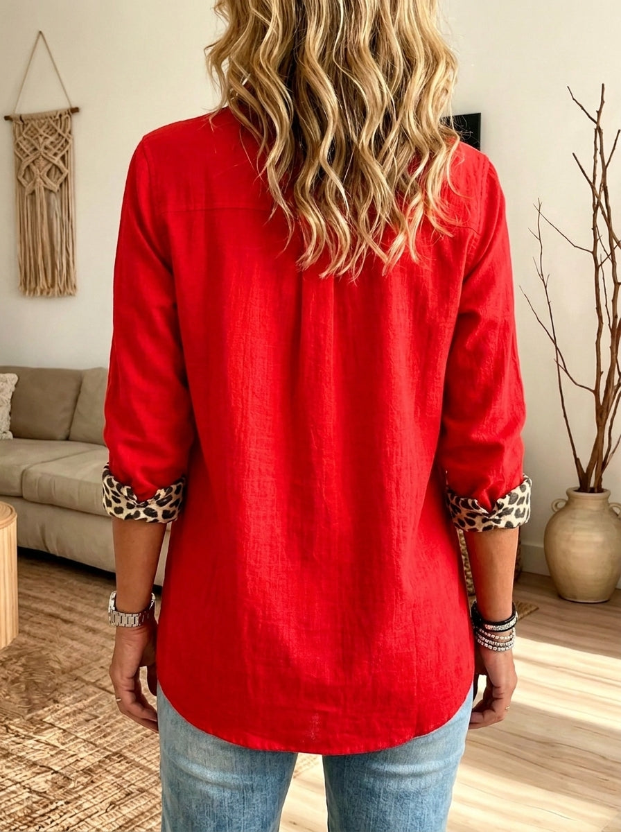 Women Red Contrast Leopard Cuff Button Down Shirt Lapel Long Sleeve Loose Blouse