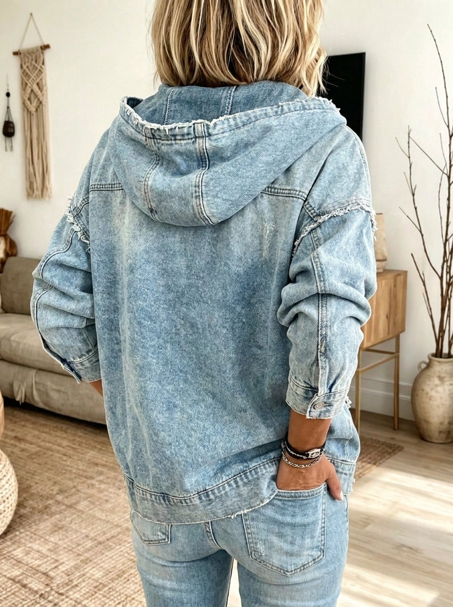 Women Washed Denim Hooded Jacket Raw Frayed Edge Zip‑Up Oversized Outerwear