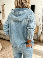 Women Washed Denim Hooded Jacket Raw Frayed Edge Zip‑Up Oversized Outerwear