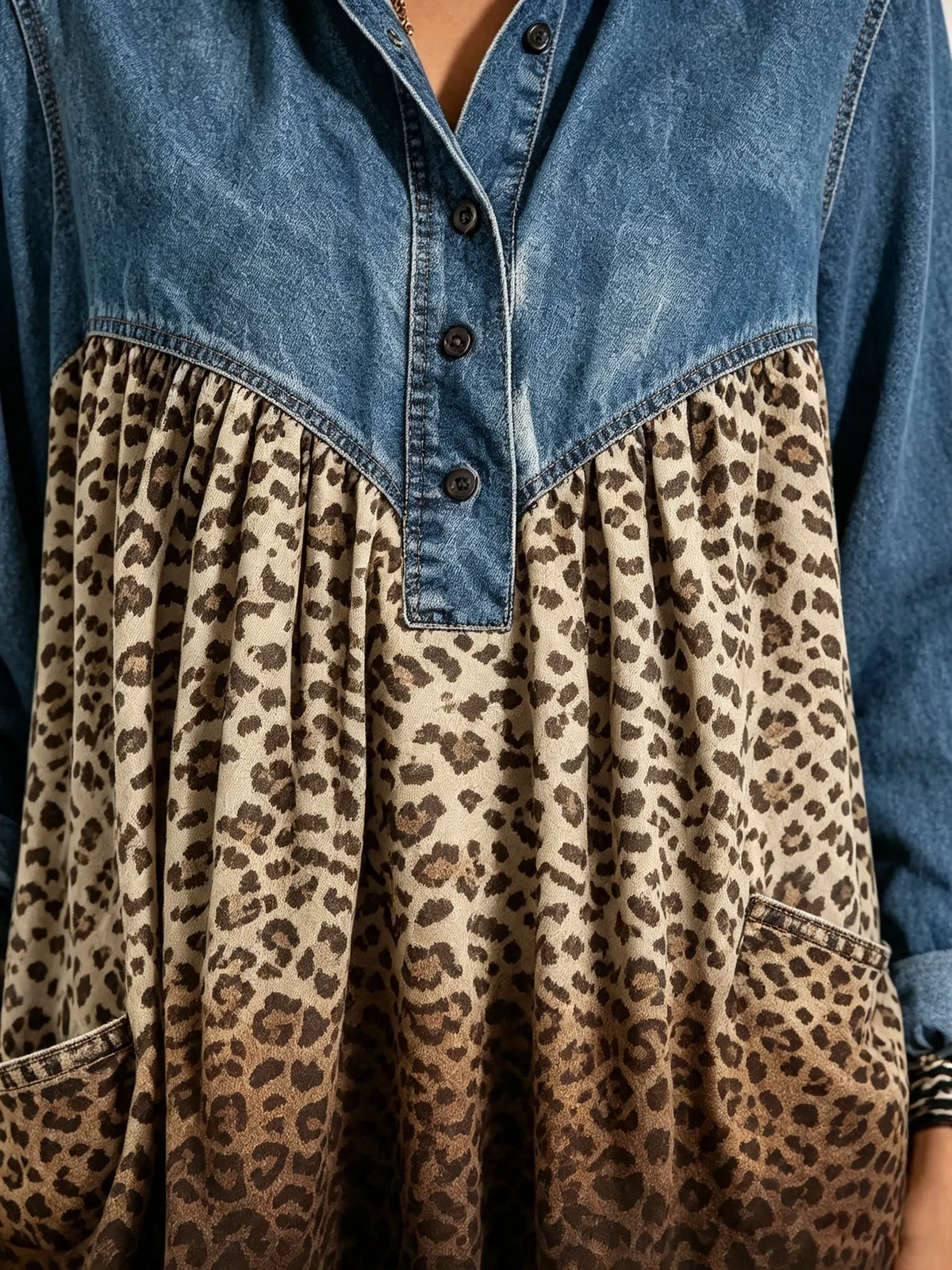 Women's Denim Yoke Leopard Tunic Top