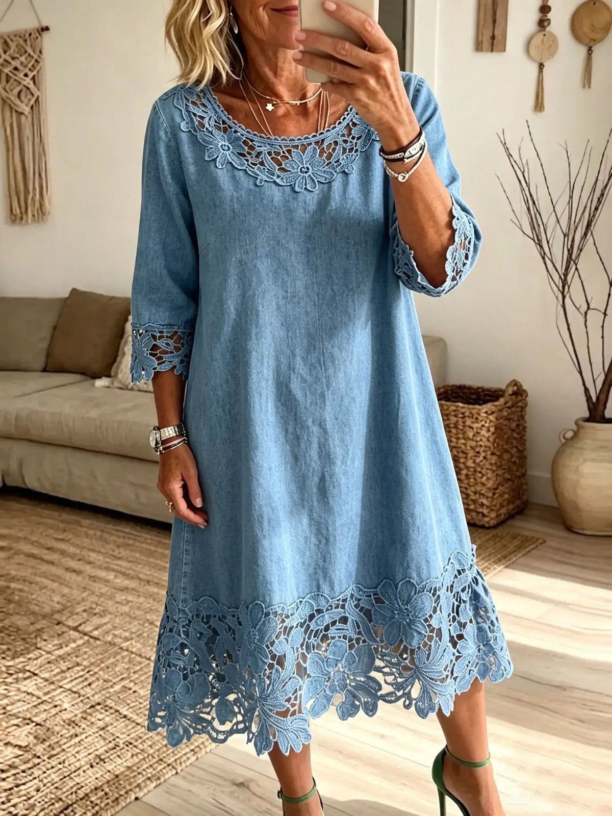 Women's Floral Crochet Cutout Denim Dress