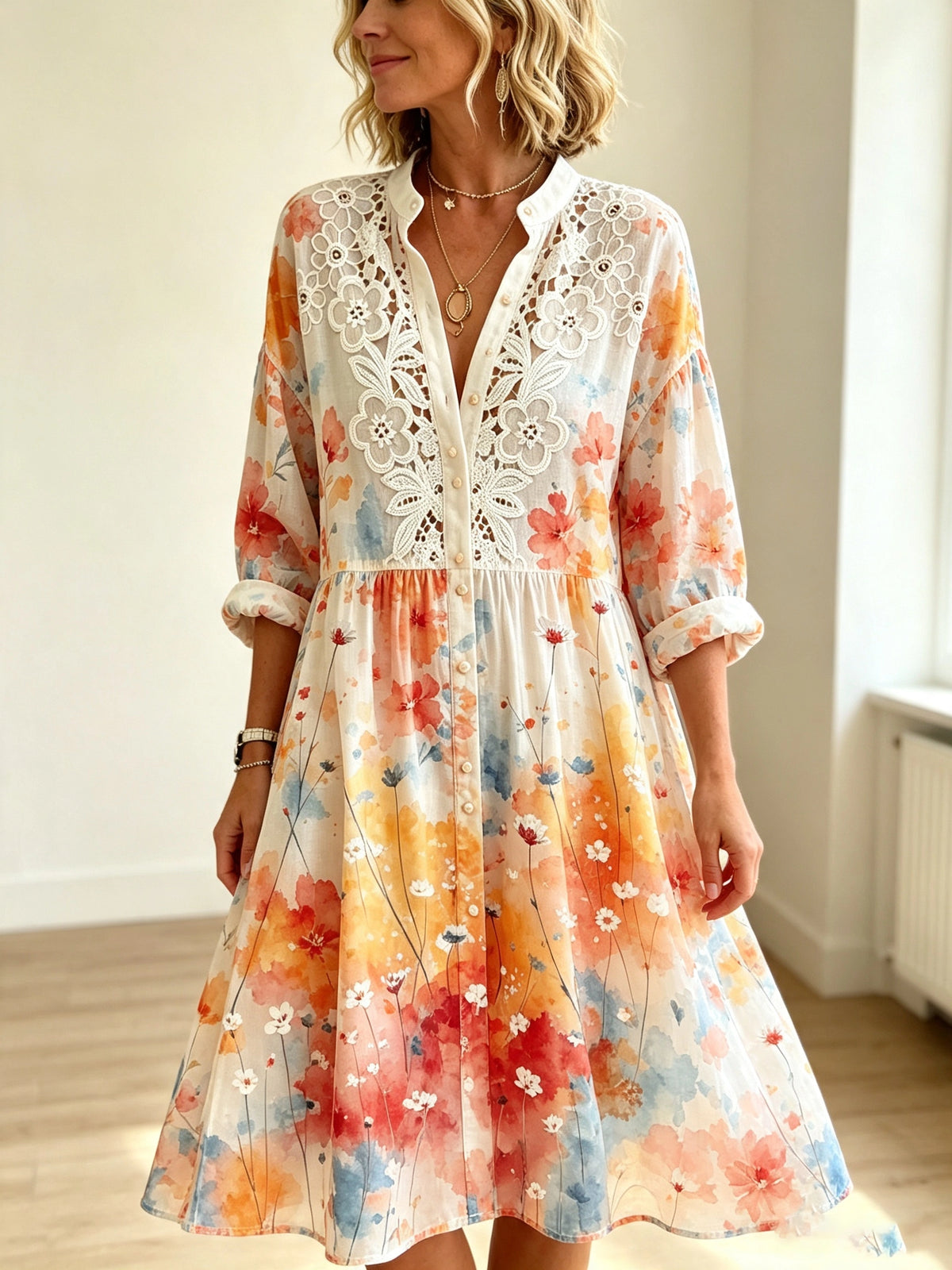 Women's Floral Crochet Lace Shirt Dress