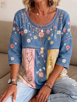 Women's Hollow Lace Spliced Color Block Floral Print 3/4 Sleeve Denim Blouse