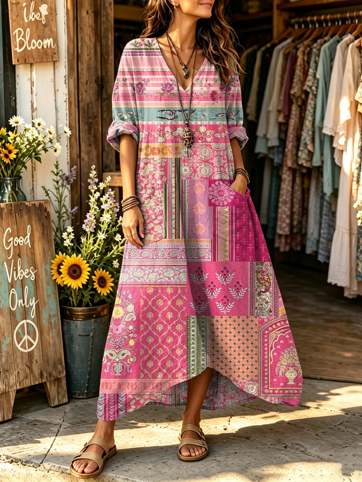 Women's Pink Vintage Patchwork Floral Stripe Print V-neck Maxi Dress