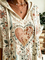Women Washed Heart Floral Art Print Hooded Short Sleeve Top