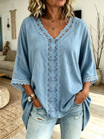 Women's Full Lace V-Neck Loose 3/4 Sleeve Denim Top