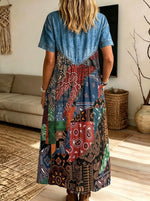 Women Denim Patchwork Paisley Midi Dress Collared Short Sleeve Button Loose Boho Dress