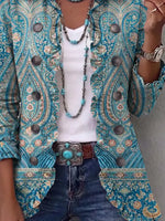 Retro Floral Pattern Art Print Ruffle Casual Stylish Cotton Lapel Coat