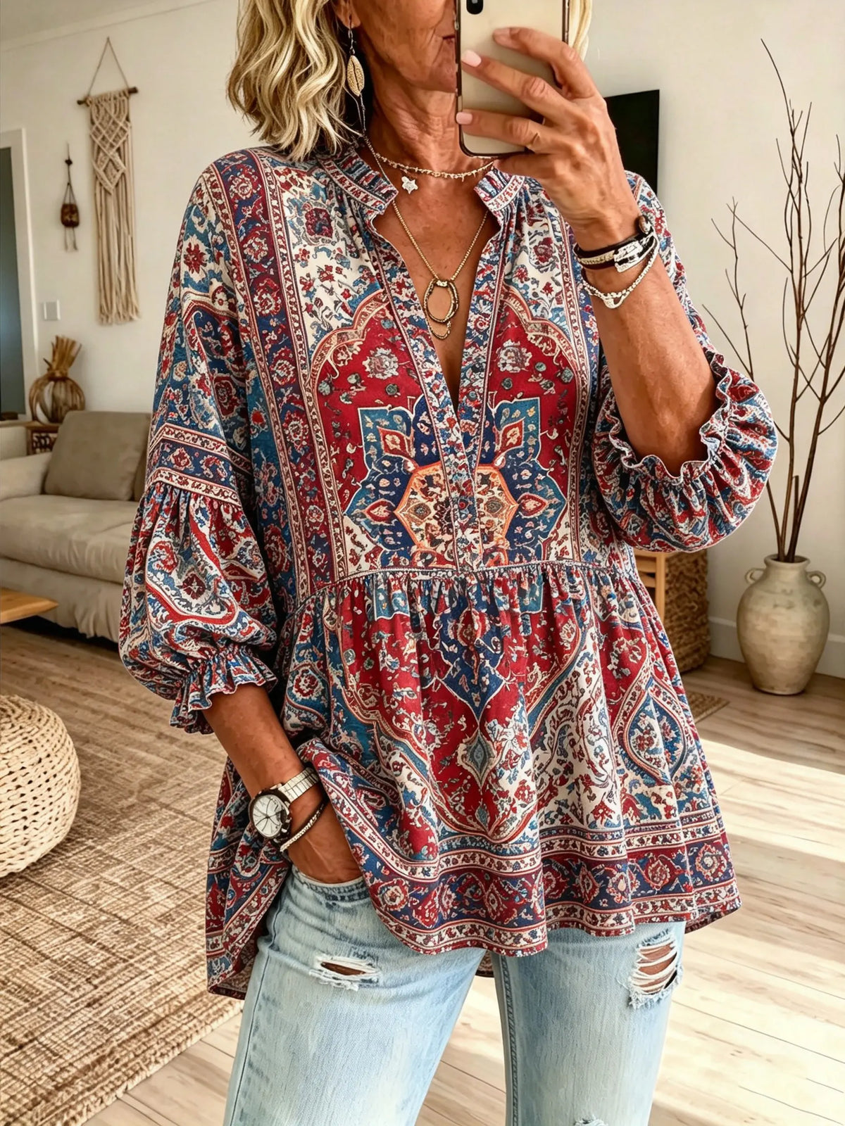 Women's Vintage Ethnic Geometric Floral Print Stand Collar Bubble Sleeve Blouse