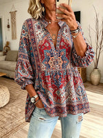 Women's Vintage Ethnic Geometric Floral Print Stand Collar Bubble Sleeve Blouse