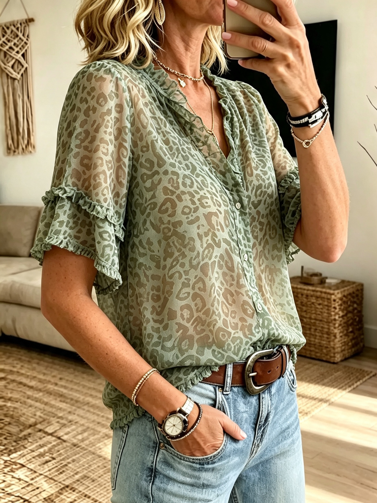 Women's Sheer Leopard Ruffle Short Sleeve Blouse