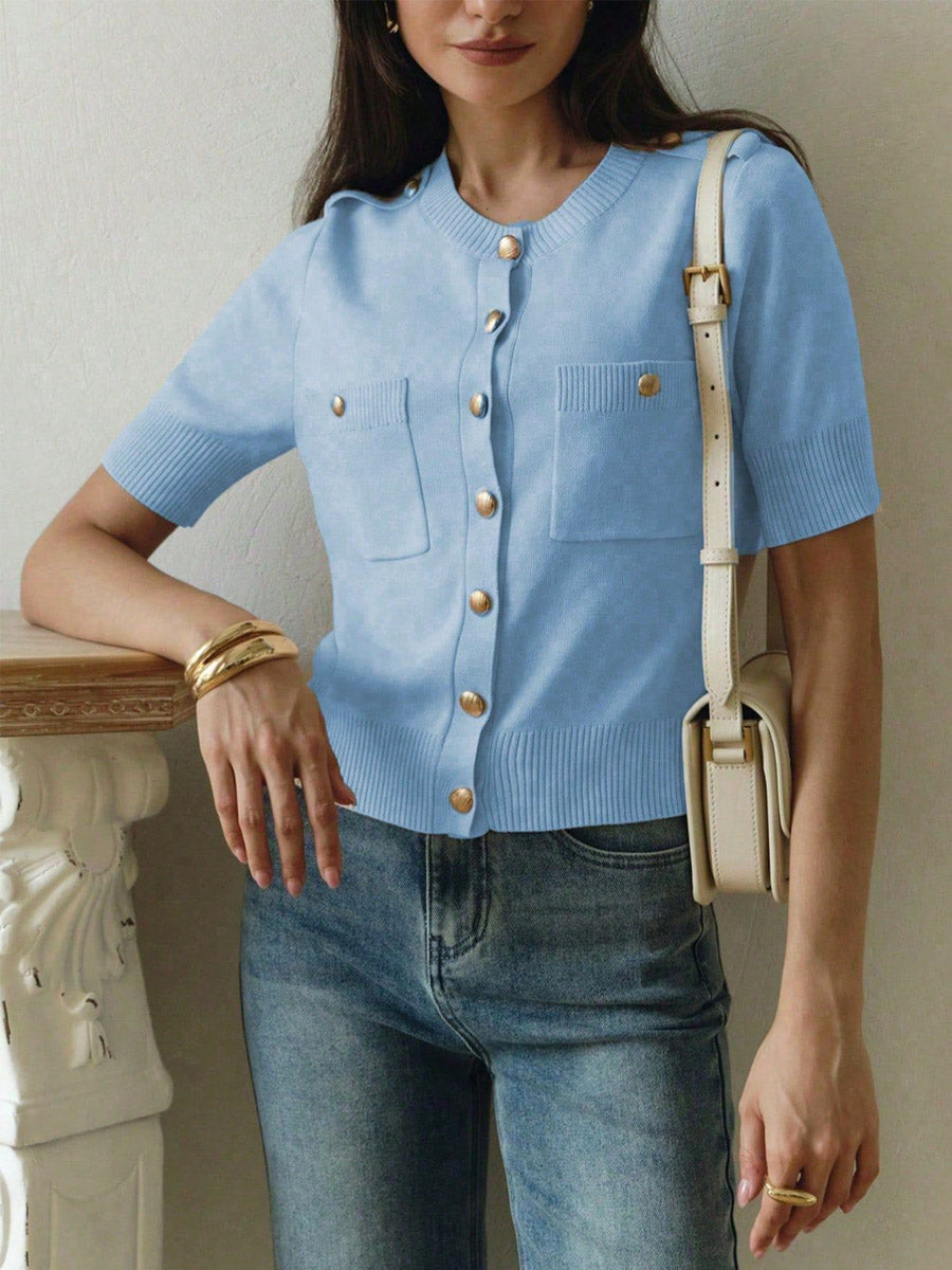 Elegant Button Pockets Short Sleeve Casual Knitted Cardigan Sweater