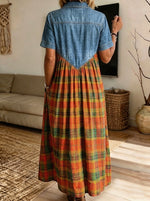 Women Denim Orange Plaid Midi Dress Collared Short Sleeve Partial Button Loose Dress With Pockets