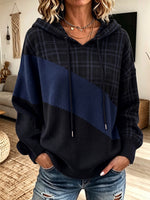 Women Plaid Color‑Block Drawstring Hooded Long Sleeve Knit Sweater