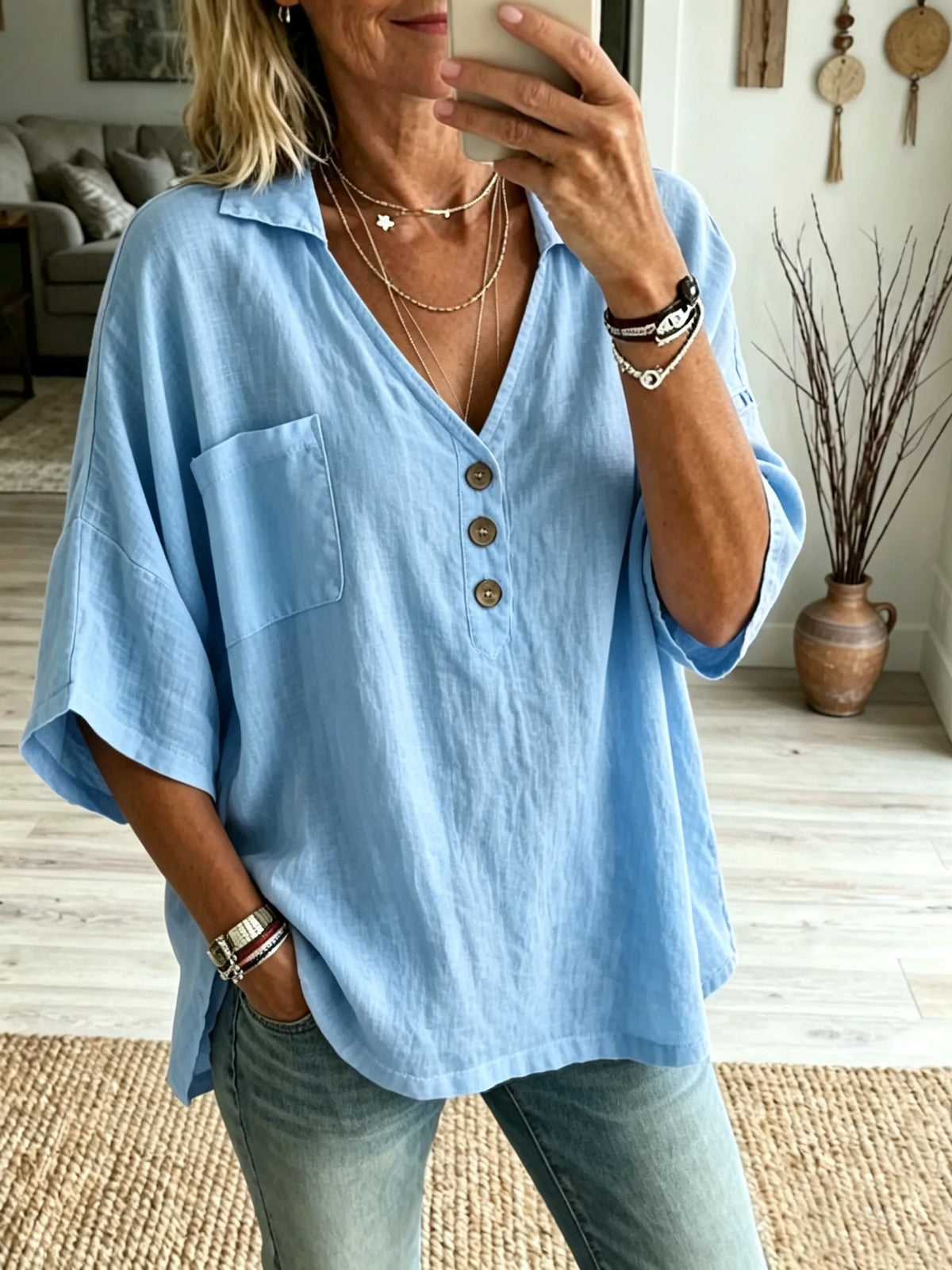 Women Solid Basic Pocket Henley Linen Short Sleeve Shirt