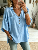 Women Solid Basic Pocket Henley Linen Short Sleeve Shirt