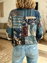 Women’s Vintage Multi Pattern Patchwork Ruffle Collar Loose Button Down Blouse