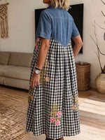 Vintage Elegant Checkered Flowers Pattern Print Patchwork Denim Dress