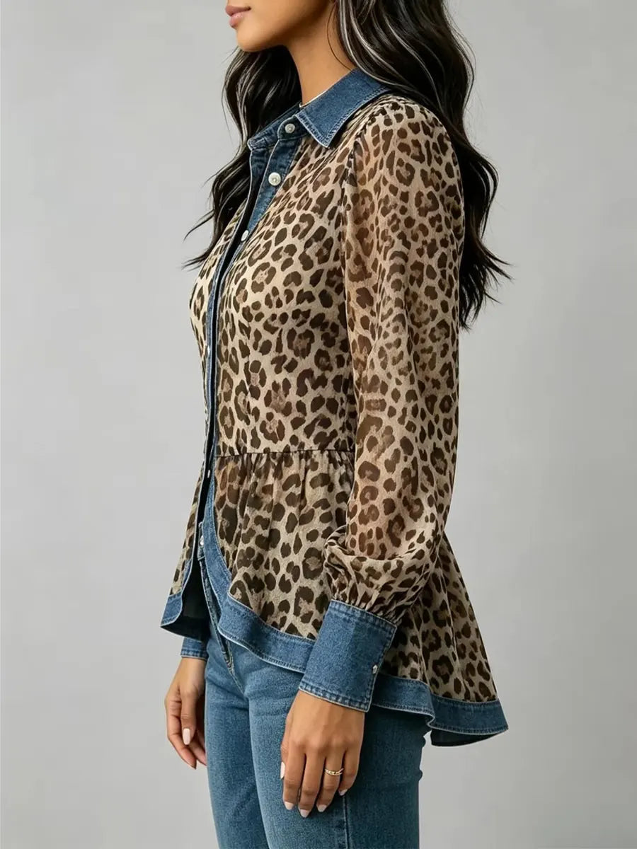 Retro Chic Long Sleeve Leopard Pattern Casual Stylish Denim Patchwork Shirt