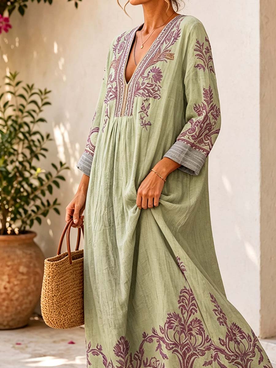Retro Ethnic Floral Pattern Art Print Casual V-neck Cotton Linen Maxi Dress