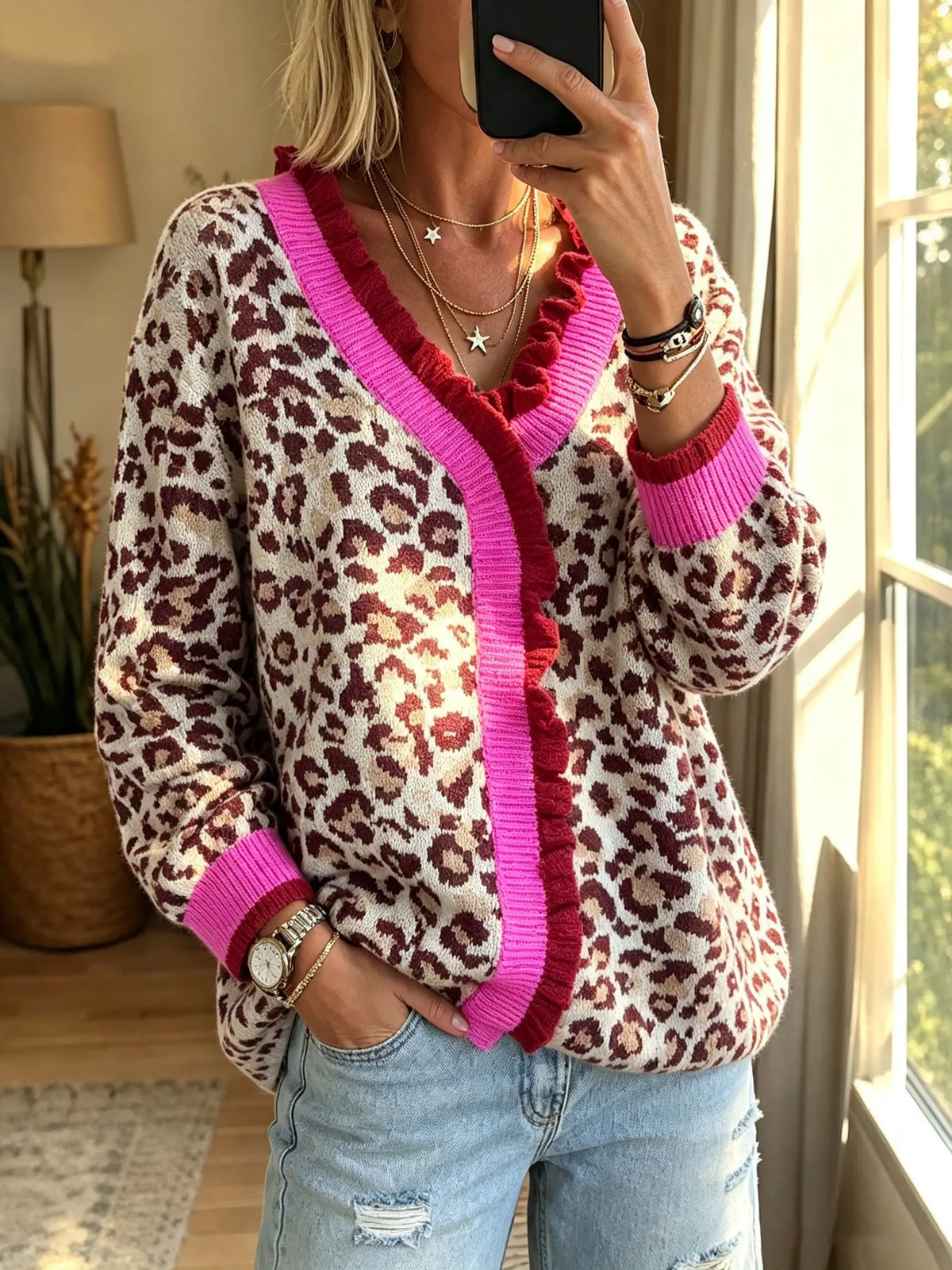 Women's Ruffle Trim Leopard Cardigan