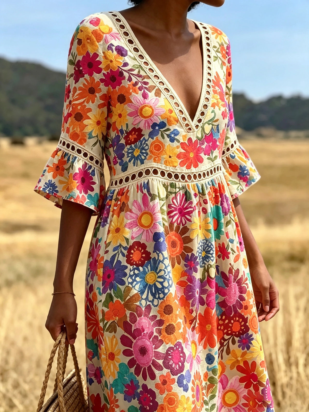 Women's Eyelet Cutout Floral Midi Dress
