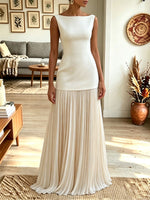 Women Boat Neck Sleeveless Two‑Tone Pleated Maxi Evening Dress