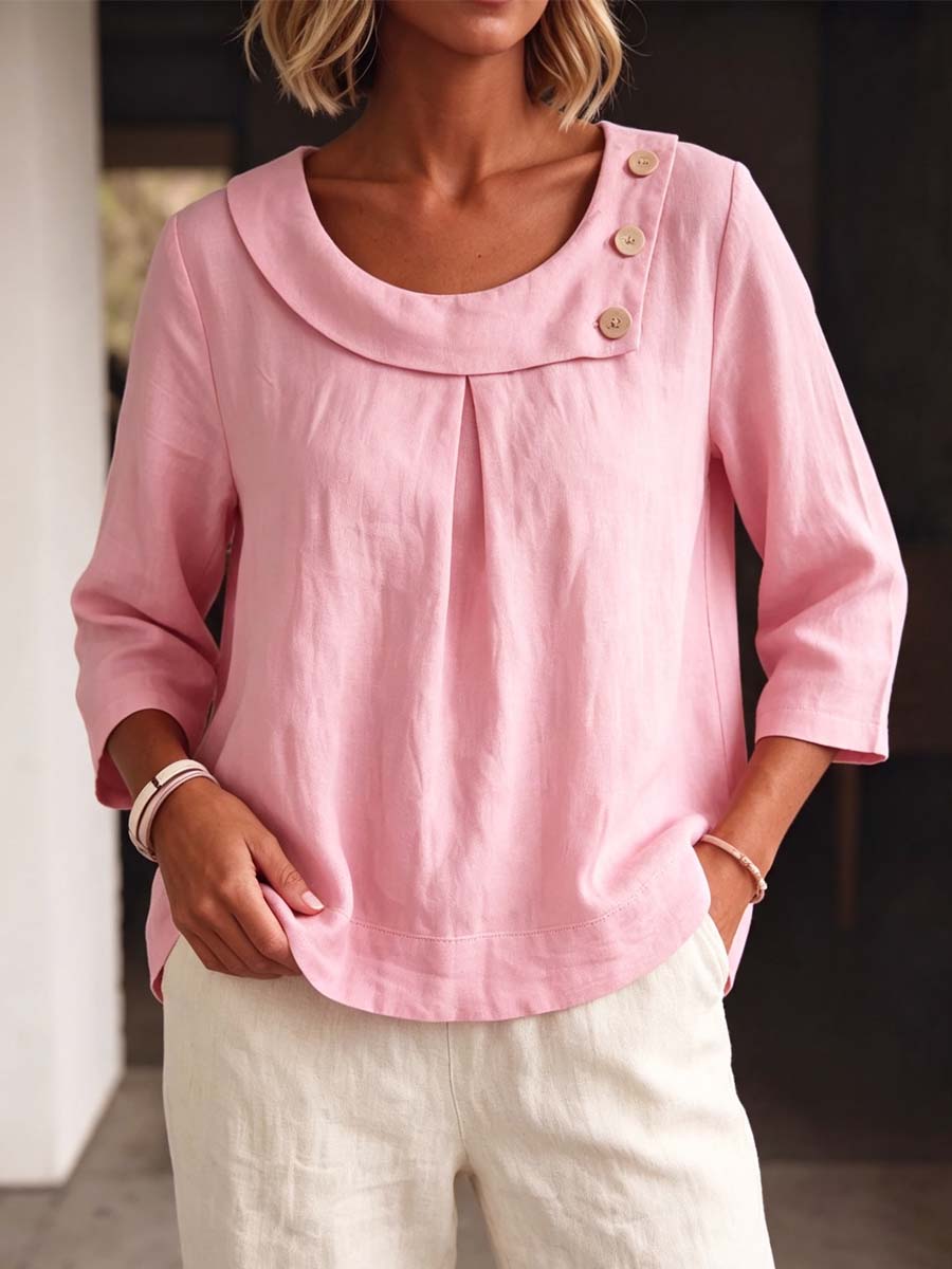 Elegant Round Collar Stylish 3/4 Sleeve Art Casual Cotton Linen Shirt