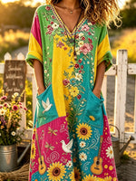 Women's Sunflower Dove Guitar Patchwork Print V-Neck Midi Dress