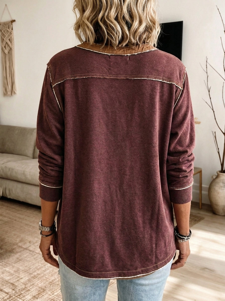 Women Raw Edge Contrast Trim Henley Top Loose Long Sleeve Casual Blouse