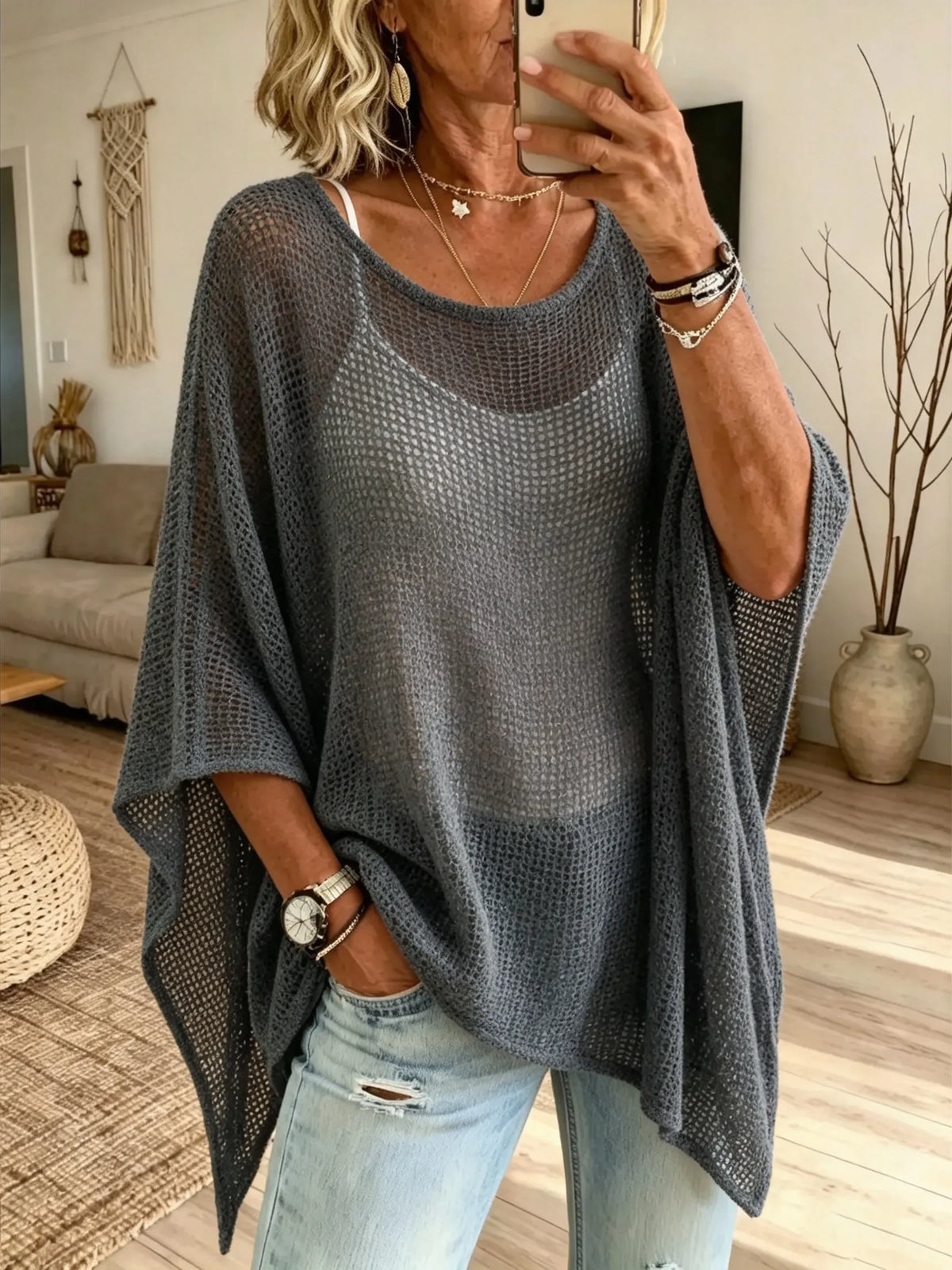Women Solid Mesh Loose Batwing Sleeve Top