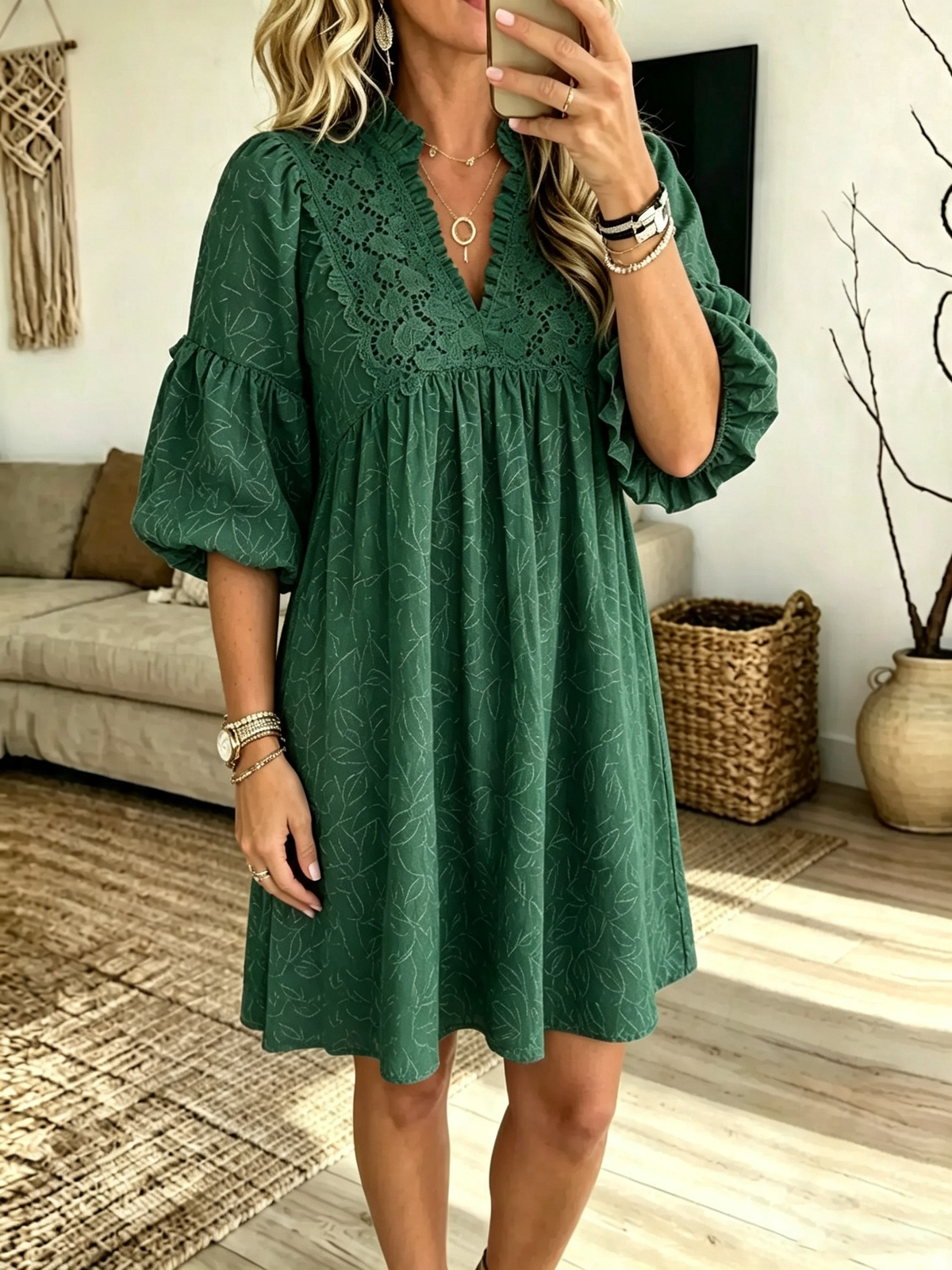 Women's Lace Trim Ruffle Sleeve Mini Dress