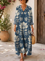 Retro Floral Pattern Art Print Casual V-neck Long Sleeve Cotton Linen Maxi Dress