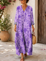 Retro Floral Pattern Art Print Casual V-neck Long Sleeve Cotton Linen Maxi Dress