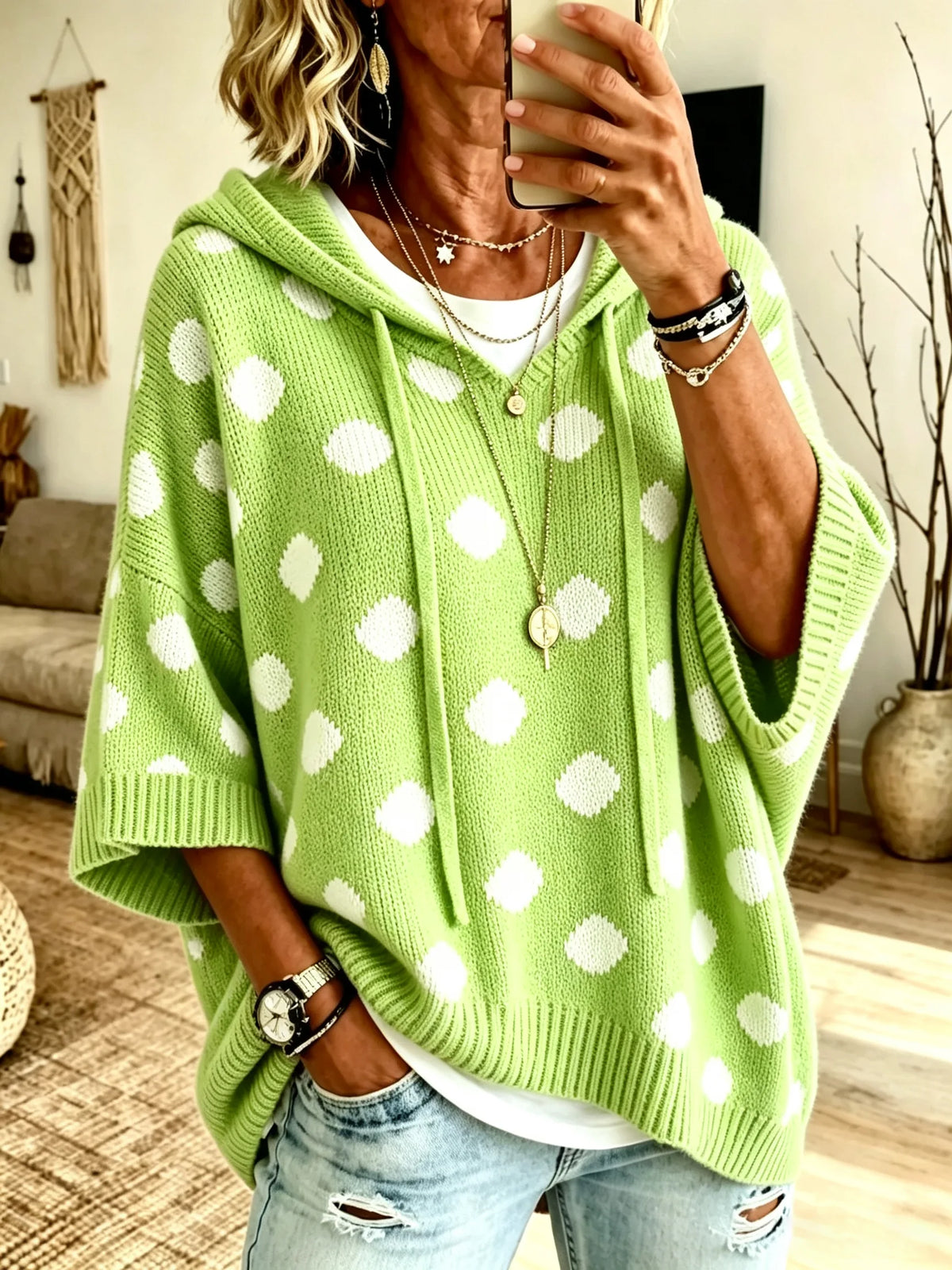 Women White Polka Dot Print Hooded Short Sleeve Knit Top